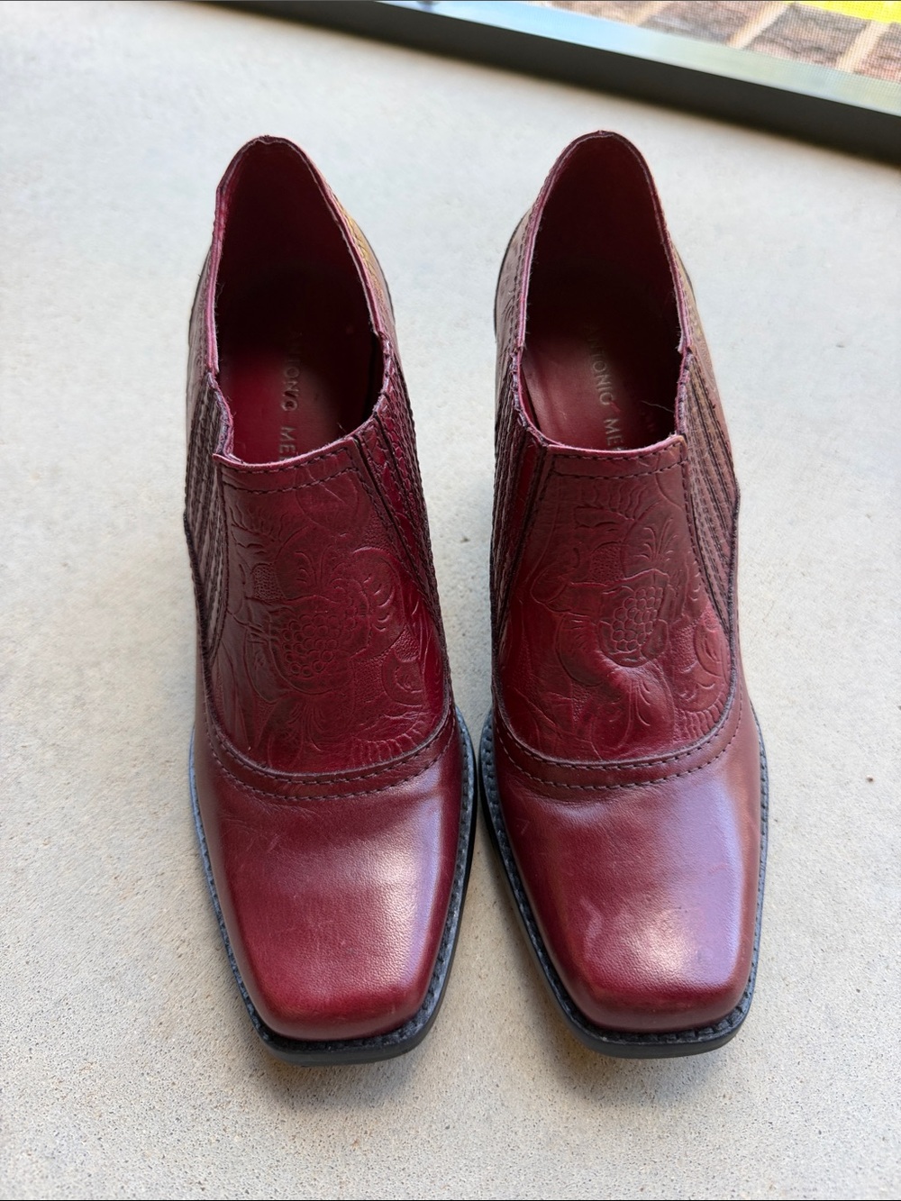 Women's Embossed Slip-On Leather Ankle Boots — Burgundy Western Wear